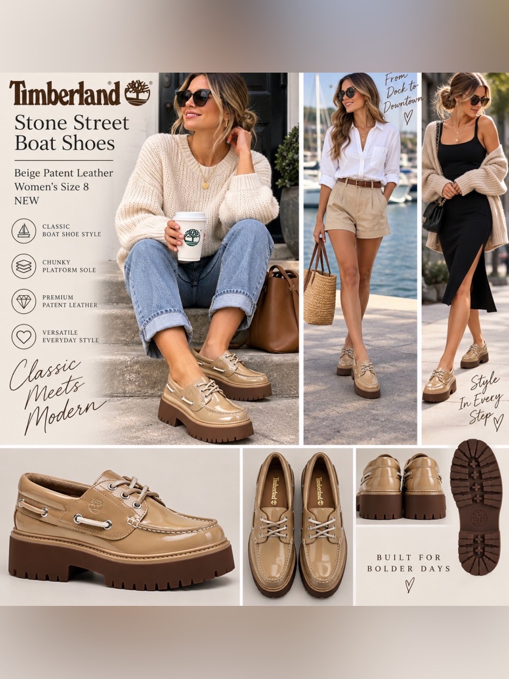 Timberland Stone Street Boat Shoes In Beige Patent Leather Women 8 NEW Preppy